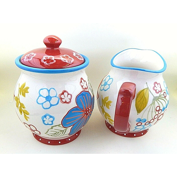 Dutch Wax Vibrant Floral Sugar Bowl and Creamer by Coastline Imports Red Accents - Picture 4 of 9